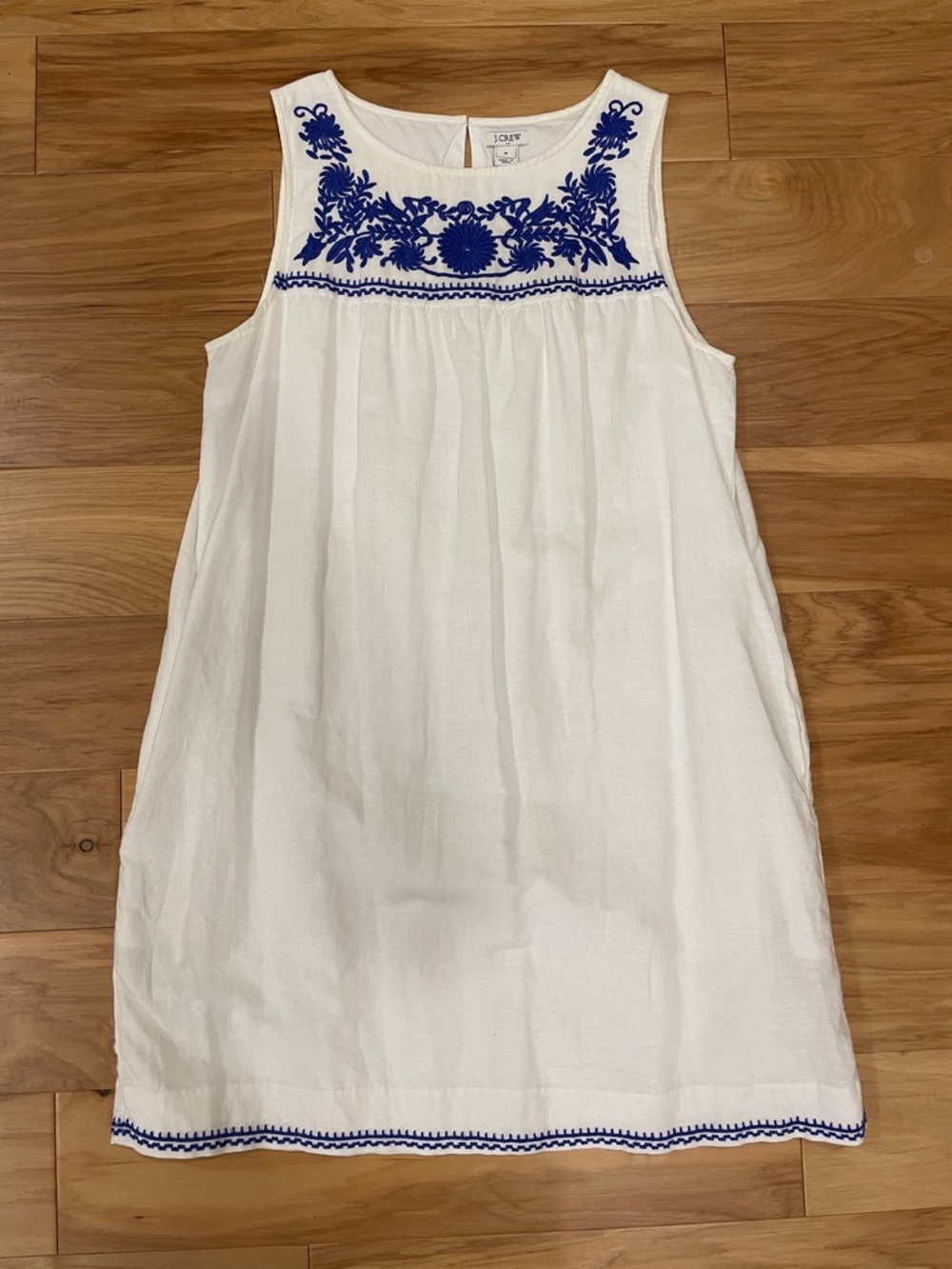 J Crew White Dress with Cobalt Blue Floral Embroidery